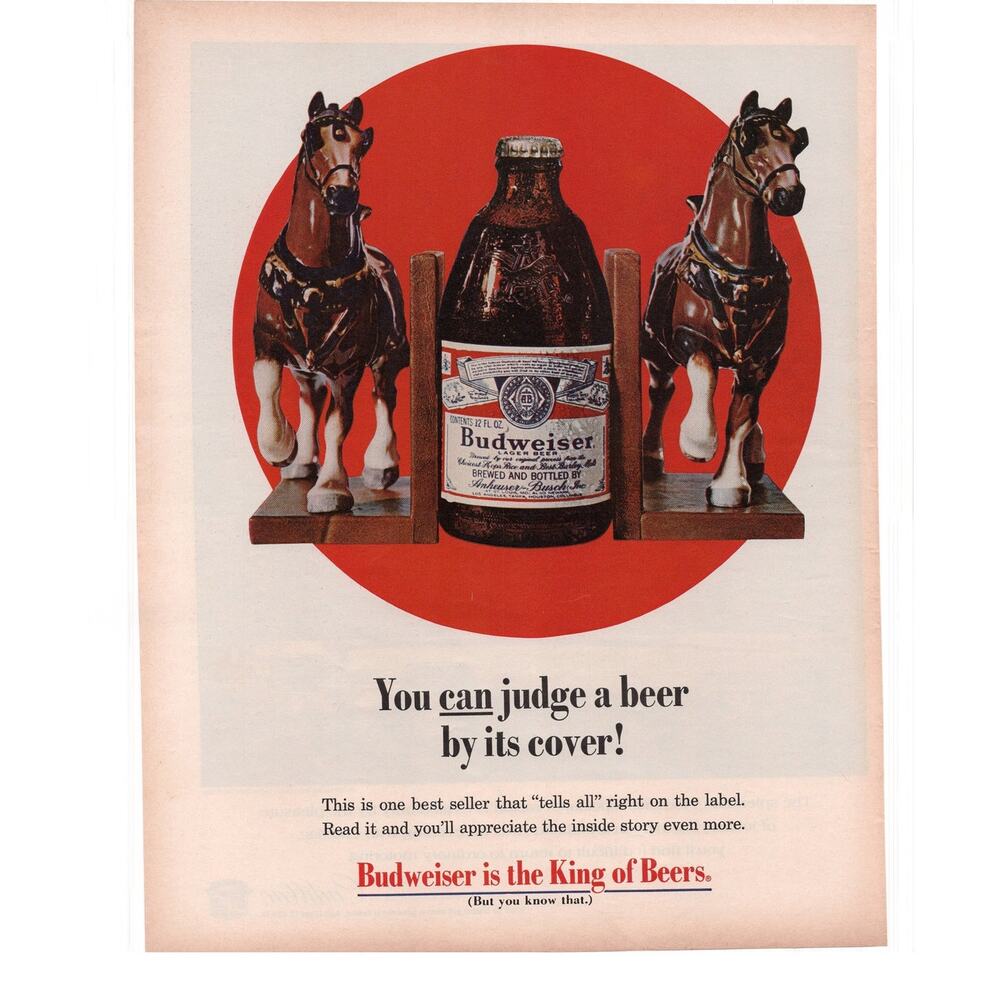 Budweiser King of Beers Advertisement 1969 Vintage Breweriana Clydesdale Bookend